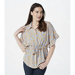 Bishop + Young Floral Ruffle Short Sleeve Tie Front Button Down Blue Blouse Sz M